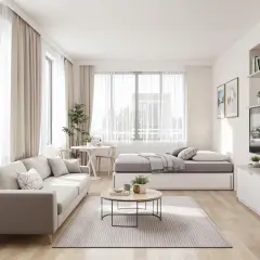 Jak urządzić pokój dzienny z sypialnią 20m2: jasna sofa, łóżko, stolik kawowy i TV.