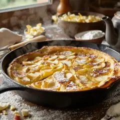 Un matefaim de grand-mère aux pommes, tout juste sorti du four, saupoudré de sucre glace. Une gourmandise réconfortante.