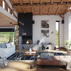 Gemütliches Wohnzimmer mit Kamin, Ledersofa und Skiern – moderne wohn trends im Alpenstil.