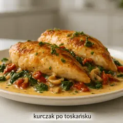 Dwa soczyste kawałki kurczaka po toskańsku w kremowym sosie ze szpinakiem i suszonymi pomidorami, posypane szczypiorkiem.