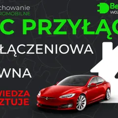 Czerwony Tesla vs. dom z symbolem prądu. Grafika porównuje moc przyłączeniową i umowną, podkreślając, że niewiedza kosztuje.