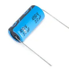 Niebieski kondensator elektrolityczny 450V 22µF, jeden z wielu rodzajów kondensatorów, z dwoma metalowymi wyprowadzeniami.