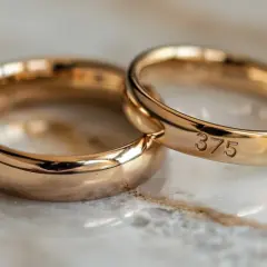 Dwa złote obrączki, jedna z wygrawerowaną próbą złota 375, symbolizujące wieczną miłość.