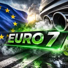 Flaga UE i dym z rury wydechowej samochodu nad napisem EURO 7. Nowe normy emisji spalin w Europie.