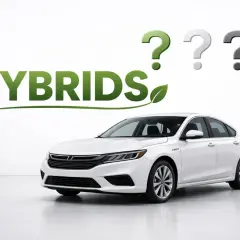 Vit tysk bil vid laddstation. Frågetecken ovanför texten "HYBRIDS".
