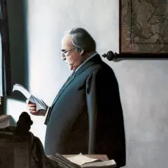 Gemälde: Mann mit Brille liest Dokumente am Fenster, im Hintergrund eine Landkarte.