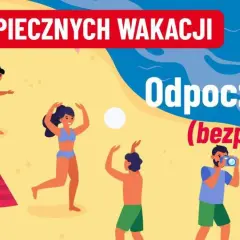 Ludzie i pies bawią się na plaży, życzymy bezpiecznych wakacji. Odpoczywajcie (bezpiecznie!).