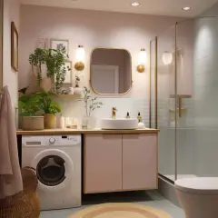 Ein helles Badezimmer mit Waschmaschine, Waschbecken, Spiegel und Dusche. Pflanzen und Dekoration sorgen für Ordnung im Badezimmer.