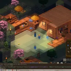 Pixelartowa wioska z kwitnącymi wiśniami. Elin i inni bohaterowie krzątają się wokół drewnianych domków i ścieżek.