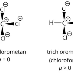 Dwa modele cząsteczek: tetrachlorometan z czterema ramionami chloru i chloroform z jednym ramieniem wodoru i trzema ramionami chloru.