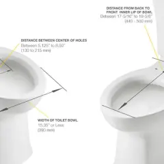 Diagram showing how to measure a toilet, detailing bowl width, distance between bolt holes, and distance from tank to bowl lip.