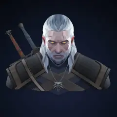 Geralt z Rivii, bohater pierwszej części Wiedźmina, z wilczym medalionem i dwoma mieczami na plecach, patrzy groźnie.
