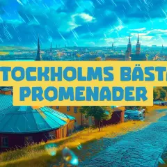 Vy över Stockholms takåsar med texten "Stockholms bästa promenader". En vacker utsikt över staden.