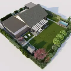 Nowoczesna aranżacja ogrodu z basenem, pergolą i starannie zaprojektowaną zielenią.