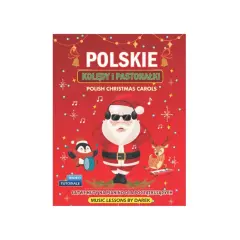 Okładka z Mikołajem, pingwinem i reniferem, promująca najpopularniejsze polskie kolędy i pastorałki na pianino dla początkujących.