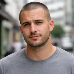 Hombre joven con buzz cut con entradas, barba corta y camiseta gris, mirando a la cámara en una calle urbana.
