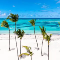 Traumhafter **Urlaub im November** an einem karibischen Strand mit Palmen, weißem Sand und türkisfarbenem Meer. Boote und Parasailing im Hintergrund.