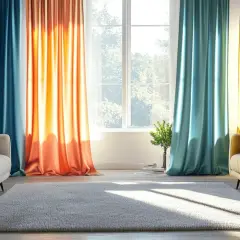 Moderne Gardinen in Rot, Blau, Orange und Gelb rahmen ein Fenster ein. Zwei Sofas und ein Teppich schaffen eine gemütliche Atmosphäre.