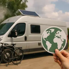 En hand håller upp en jordglob framför en vit husbil med solpanel. En cykel står parkerad bredvid. Hela scenen andas frihet och van life.