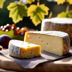 Un délicieux banon fromage, avec des prunes, des noix et des raisins, sous des feuilles d'automne.