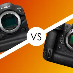 Dwa aparaty fotograficzne: Canon EOS R3 i Nikon Z, z widocznym sensorem.