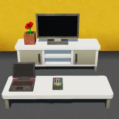 Nowoczesne meble z mrcrayfish's furniture mod: stolik RTV z telewizorem i kwiatkiem, oraz niski stolik z laptopem i pilotem.