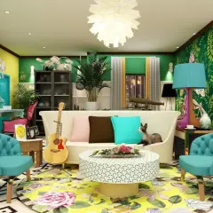 A vibrant, eclectic living room in a friends apartment, featuring teal chairs, a white sofa with colorful pillows, a guitar, and a cat lounging.