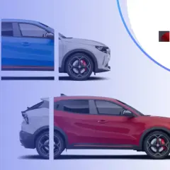 Dwa samochody w różnych kolorach, biały i niebieski u góry, biały i czerwony na dole. Logo VEHIS. Sprawdź vehis opinie.