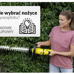 Kobieta z żółtymi nożycami do żywopłotu przycina zielony żywopłot. Poradnik zakupowy podpowie, jakie wybrać.