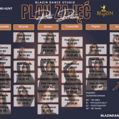 Grafika przedstawia plan zajęć pole dance w Blazin Dance Studio. Zajęcia odbywają się od poniedziałku do soboty, z podziałem na poziomy zaawansowania.