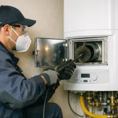 Technicien masqué effectuant le ramonage d'une chaudière à gaz avec une brosse.