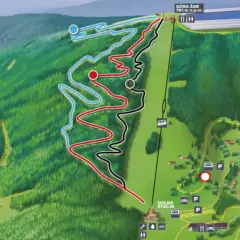 Mapa szlaków rowerowych na Górze Żar. Kolorowe trasy wiją się po zboczu, prowadząc do dolnej stacji.