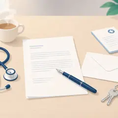 Bureau avec stéthoscope, tasse de café, lettre, enveloppe, clés et document médical. Préparation d'un modèle lettre résiliation bail 1 mois pour raison de santé.