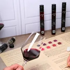 Dégustation vin Touraine : verres de vin rouge, fioles numérotées et guide d'analyse pour une expérience œnologique.
