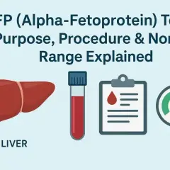 Badanie AFP (alfa-fetoproteiny) to test oceniający wątrobę. Obrazek pokazuje wątrobę, probówkę z krwią i wyniki.