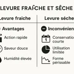 Comparaison levure fraîche et sèche : avantages (action rapide, saveur douce, humidité élevée) et inconvénients (conservation courte, utilisation limitée, forme périssable).