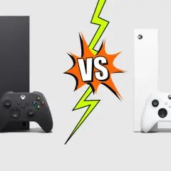 Czarny Xbox Series X i biały Xbox Series S obok siebie, z grafiką VS pośrodku. Który wybierzesz?