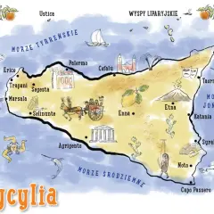 Mapa Sycylii z zaznaczoną Etną, Palermo, Taorminą i innymi atrakcjami. Widać też morza otaczające wyspę.