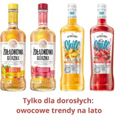 Letnie orzeźwienie: drink z Żołądkową Gorzką o smaku mango i mięty, truskawki i rabarbaru, a także Lubelska Chill Ice Tea Peach i Strawberry Margarita.