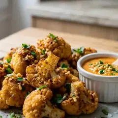 Chou fleur frit croustillant, parsemé d'herbes fraîches et servi avec une sauce crémeuse. Un délice à partager !