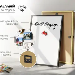 Elegancka tablica magnetyczna na ścianę z napisem "Bon Voyage", idealna do przechowywania wspomnień i zdjęć.