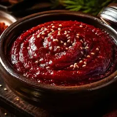 En skål med mörk, röd chilipasta, strödd med sesamfrön. Ingredienser för ett ponzu recept syns i bakgrunden.