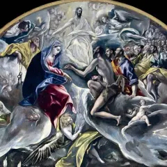 El Greco pinta el cielo: la Virgen, San Juan, apóstoles y ángeles en una visión celestial.