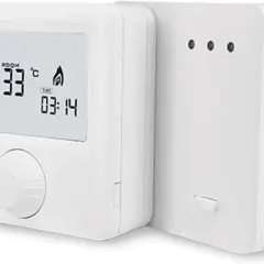 Termostato digital blanco con pantalla LCD mostrando temperatura y hora. Ideal para programar la calefacción y ahorrar energía.