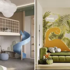 Tableau chambre bébé à faire soi-même : un lit mezzanine avec toboggan bleu et une jungle de dinosaures avec mur d'escalade.