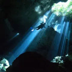 Buceadores exploran la asombrosa profundidad de un cenote, con rayos de luz solar atravesando la oscuridad.
