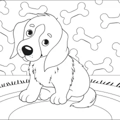 Lindos dibujos de perritos para imprimir, listos para colorear. Un tierno cachorro sentado entre huesos.
