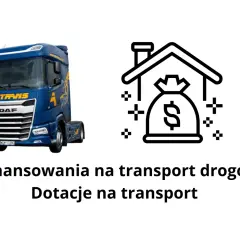 Niebieska ciężarówka i ikona worka z pieniędzmi symbolizują dofinansowanie na firmę transportową.