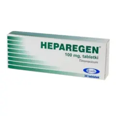 Opakowanie leku Heparegen 100 mg, tabletki. Stosowany na problemy z wątrobą. Zawiera 30 tabletek.