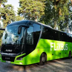 Zielony autokar Flixbus zaparkowany na brukowanym placu, otoczony drzewami.